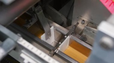 Dilimlenmiş spagettiyi üretim hattında ayırma işlemi. Sanayi fabrikasında makarna üretme teknolojisi. Spagettiyi ve endüstriyel ekipmanları kapatın. Kullanılabilir.