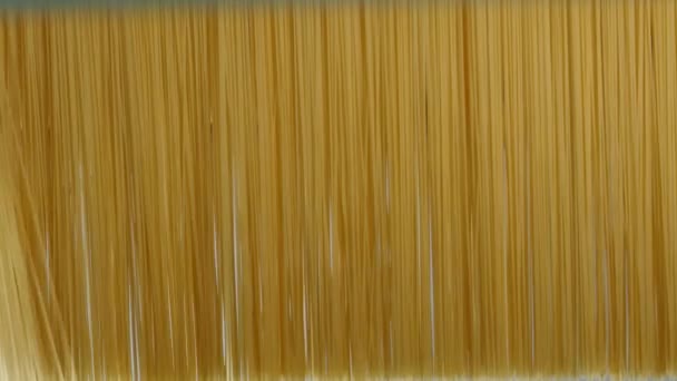 現代の生産ラインでパスタの生産 マカロニの専門的な製造 イタリアのパスタ工場の工業ライン パスタ工場に掛けられた生のスパゲティを閉じて乾燥させます 食品の背景 — ストック動画