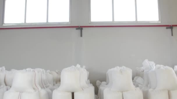 生産倉庫で小麦粉 グラーツやパスタと白い袋 産業企業の倉庫に包装された商品の保管 木製のパレット 梱包された製品に手荷物 — ストック動画