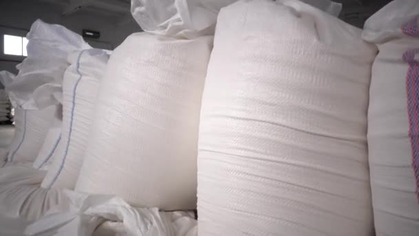 Sacos Blancos Con Harina Azúcar Grañones Pasta Almacén Producción Almacenamiento — Vídeos de Stock