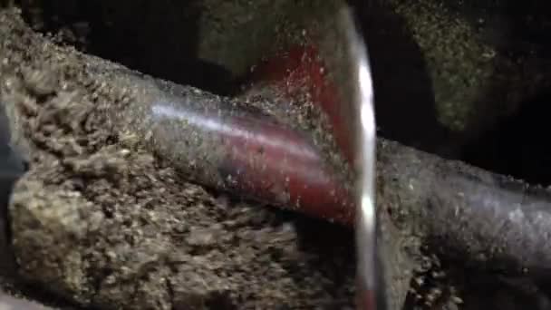 金属螺旋旋转和磨碎葵花籽用于采油 本厂葵花籽油生产过程 现代工业设备上的生锈 碾磨油籽厂 靠近点 — 图库视频影像