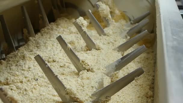 パスタ生産ライン上で生地を混練するプロセス マカロニの生産のための小麦粉と成分を混合するための自動産業機器 ミキサーを終了します ブランディング — ストック動画