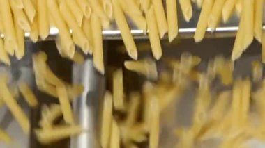 Makarna fabrikası. Makarna yapma döngüsü. Makarna yavaş çekimde akıp gidiyor. Sanayi hattı. Üretim ekipmanlarının üst görüntüsü. Restoranlar ya da kafeler için gıda arka planı