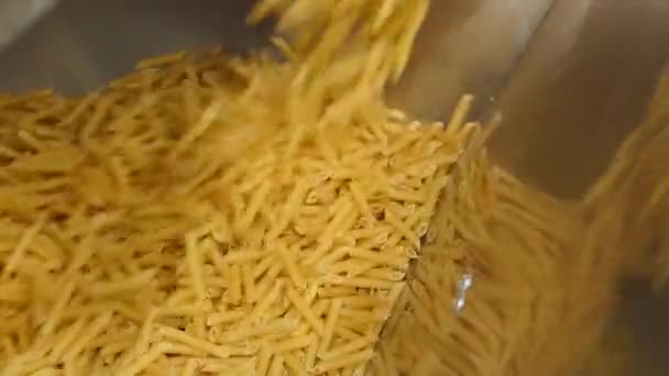 マカロニ工場 パスタを作る生産サイクル パスタはゆっくりと流れる Vermicelliの生産のための産業ライン 生産設備 食品の背景 — ストック動画