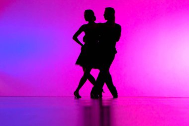 İki balo dansçısının siyah siluetleri stüdyoda Arjantin tangosu elementlerini mavi pembe gradyan plana karşı oynuyorlar. Erkek ve kadın sarmaş dolaş dans ediyor. Latin Amerika koreografisi