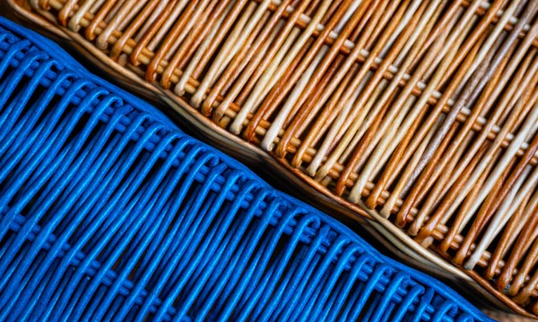 Natural Braided Background Basket Brown Painted Blue Tubes Twisted Paper — Stockfoto