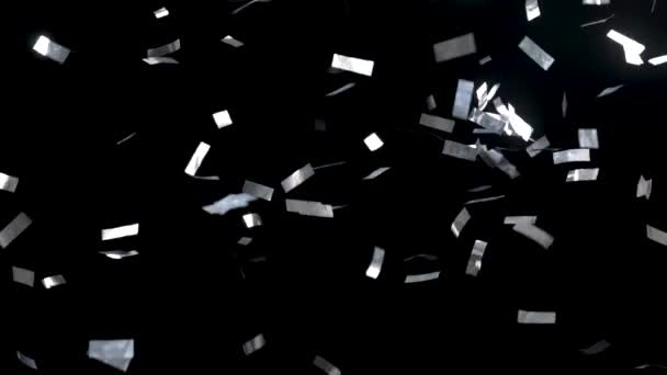 Srebrne Wstążki Konfetti Spadające Odizolowane Czarne Tło Cząstki Błyszczą Błyszczą — Wideo stockowe