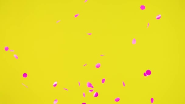 Στρογγυλό Ροζ Κομφετί Επιπλέει Στον Αέρα Ένα Απομονωμένο Κίτρινο Φόντο — Αρχείο Βίντεο