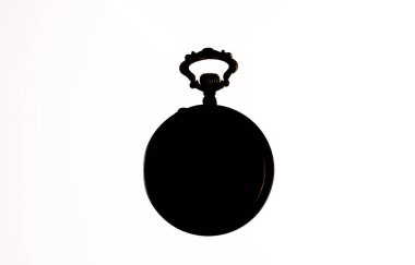 Black silhouette of a vintage pocket watch on a white isolated background. Round stopwatch dial. Outline of an old clock. Profile of pocketwatch, chronometer or timer