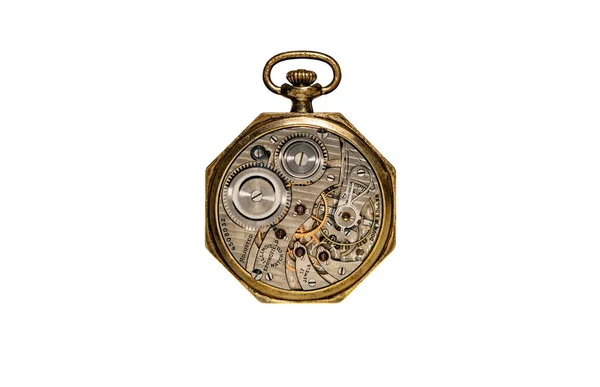 Rear Viev Golden Old Pocket Watch Open Clockwork White Isolated — Foto Stock