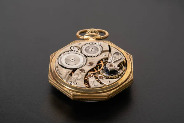 Rear Viev Golden Old Pocket Watch Open Clockwork Lying Gray — ストック写真