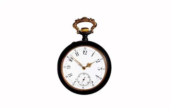 Preto Com Ouro Relógio Bolso Antigo Fundo Isolado Branco Relógio — Fotografia de Stock