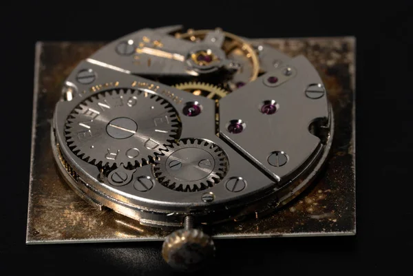 Rear Viev Golden Old Pocket Watch Open Clockwork Lying Black — Stockfoto