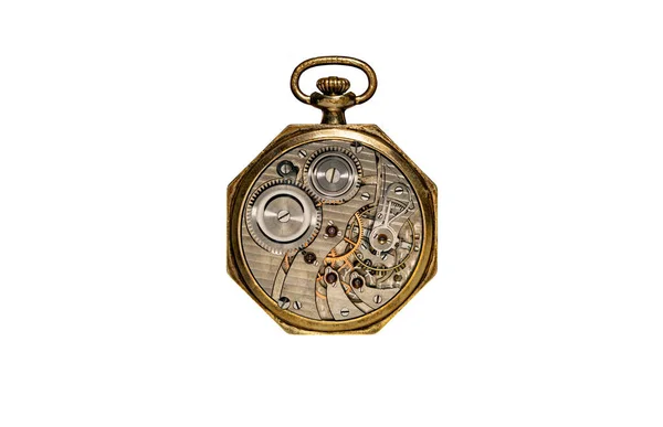 Rear Viev Golden Old Pocket Watch Open Clockwork White Isolated — Fotografia de Stock
