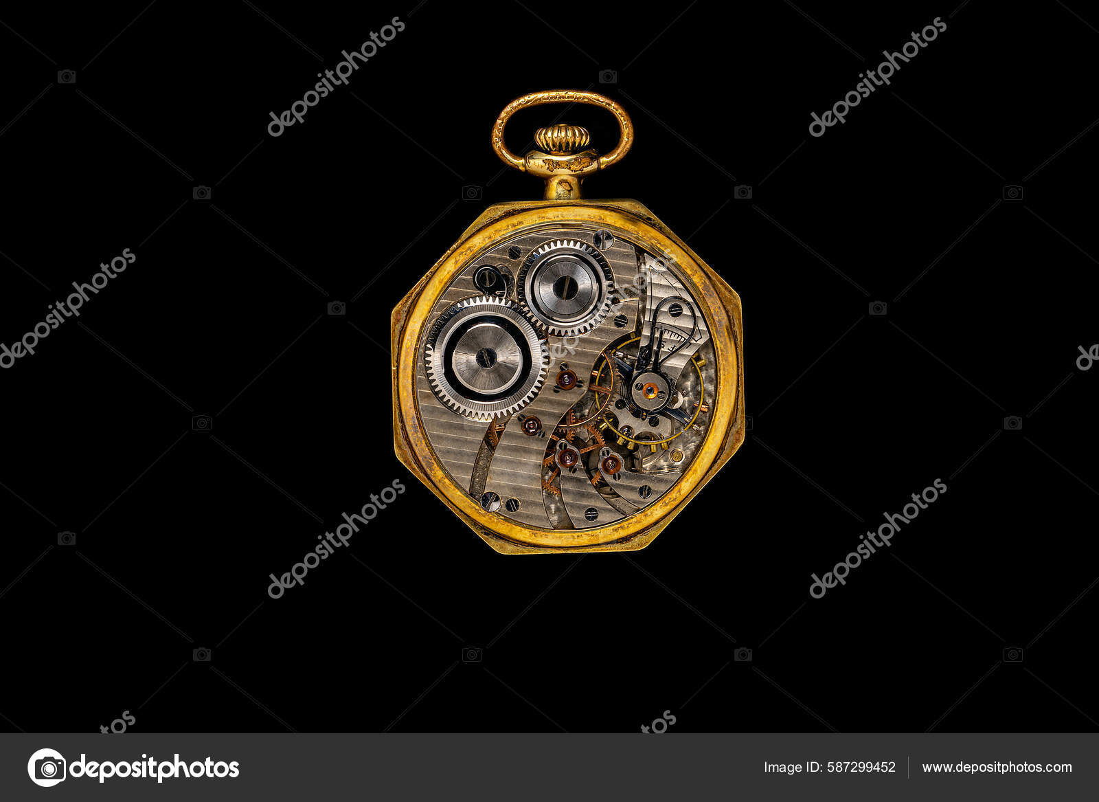 Rear View Open Antique Mechanical Pocket Watch Isolated Black