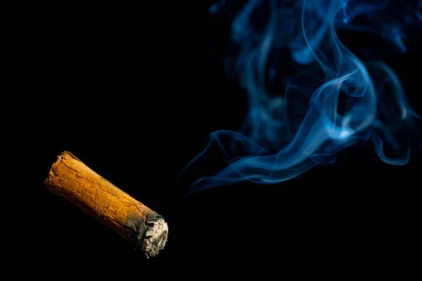 Smoking cuban cigar with blue smoke on an isolated black background. A Havana cigar burns and emits smoke in a dark bar. A rolled cigarette made from tobacco leaves. Burning cigar close up. The