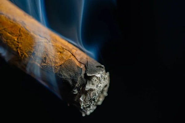 Куріння Кубанської Сигари Блакитним Димом Ізольованому Чорному Тлі Сигара Гавани — стокове фото