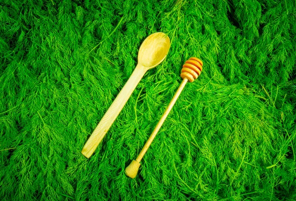 Wooden dipper for honey and spoon lying on green fresh sprigs of dill. Cutlery and seasonal fragrant salad spices. Greens, herbal food, spring vegetable vegan ingredient. Background for restaurants or