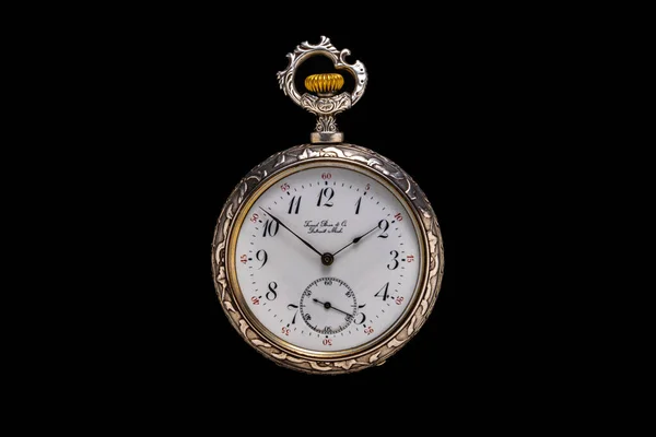 Zilver Mechanisch Antiek Zakhorloge Zwarte Geïsoleerde Achtergrond Retro Zakhorloge Met — Stockfoto