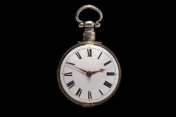 Dial Silver Antique Pocket Watch Isolated Black Background Old Mechanical — 图库照片