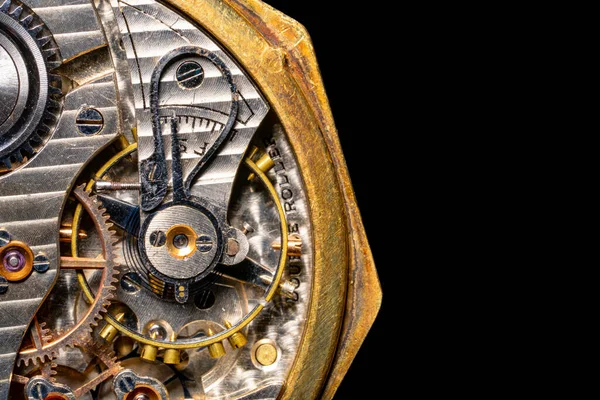 Rear Viev Old Pocket Watch Open Clockwork Black Isolated Background — Fotografia de Stock