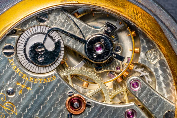Rear Viev Old Pocket Watch Open Clockwork Retro Clock Engraving — Fotografia de Stock