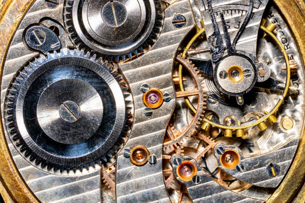 Rear Viev Old Pocket Watch Open Clockwork Retro Clock Engraving — Fotografia de Stock