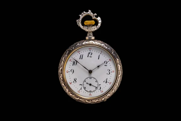 Jam Saku Antik Perak Mekanis Dengan Latar Belakang Hitam Terisolasi — Stok Foto