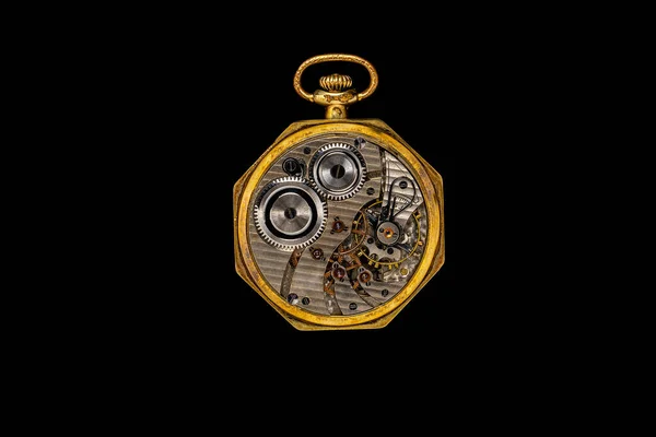Rear View Open Antique Mechanical Pocket Watch Isolated Black Background — Stockfoto