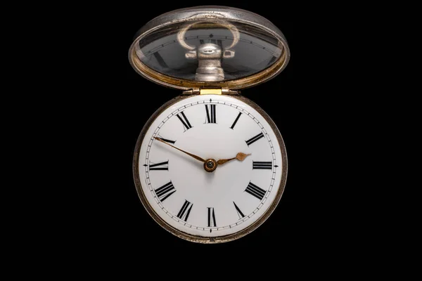 Dial Silver Antique Pocket Watch Open Glass Lid Isolated Black — Stok fotoğraf