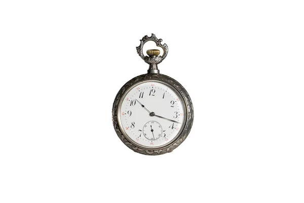 Orologio Tasca Meccanico Argento Antico Sfondo Bianco Isolato Orologio Tasca — Foto Stock