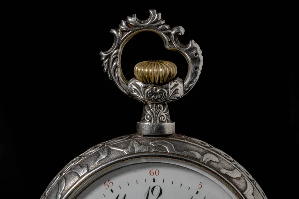 Part Silver Antique Watch Carved Eyelet Chain Gold Winding Mechanism — Fotografia de Stock