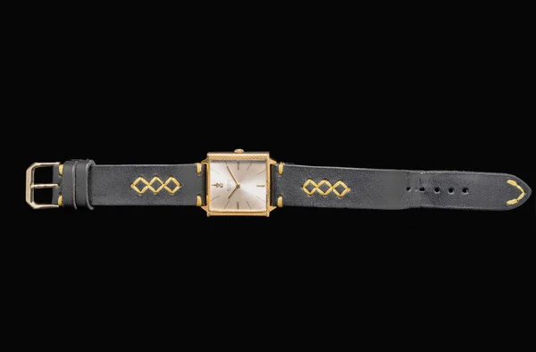 Vieille Montre Bracelet Avec Bracelet Cuir Noir Fait Main Sur — Photo