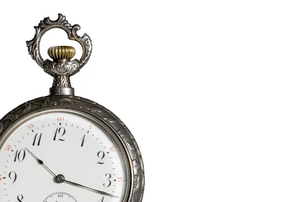 Antique Silver Clock Hanging White Thread Gray Background Retro Clock — Fotografia de Stock