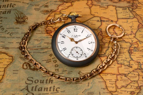 Vintage Silver Watch Gold Chain Lying Old Paper Map Gray — Fotografia de Stock