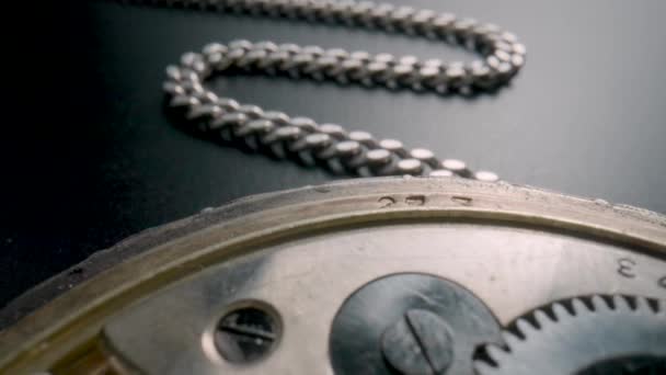 Silver Chain Internal Working Mechanism Antique Pocket Watch Gray Background — 图库视频影像