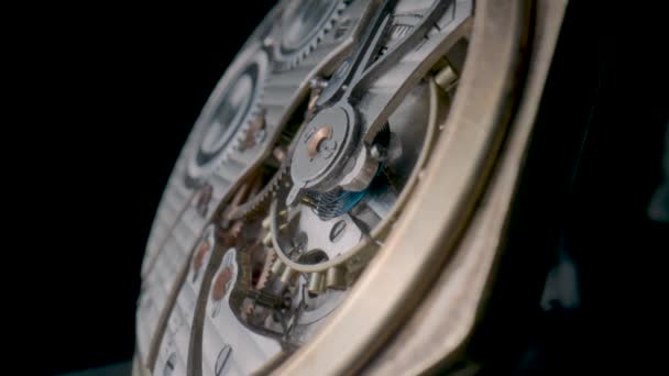 Antique Pocket Watch Mechanism Isolated Black Studio Background Macro Shot — Video Stock