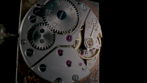 Disassembled Vintage Pocket Watch Clockwork Turning Black Isolated Background Working — 图库视频影像