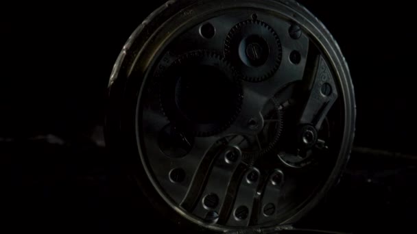Two Antique Pocket Watches Working Clockwork Darkness Light Black Background — Stockvideo