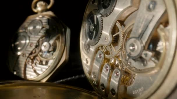 Two Antique Pocket Watches Working Clockwork Isolated Black Studio Background — Video