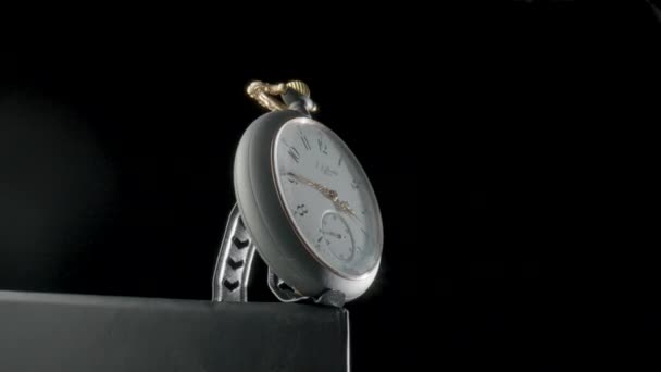 Silver Antique Pocket Watch Stand Rotating Black Isolated Background Gray — 图库视频影像