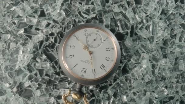 Top View Gray Vintage Pocket Watch Lying Shiny Crystals Sparkling — Vídeo de Stock