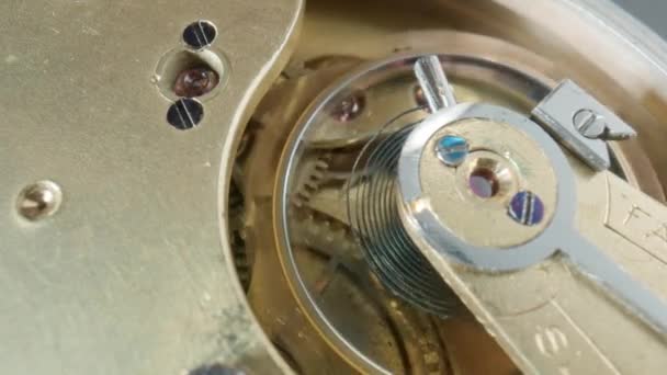 Internal Vintage Clockwork Mechanism Macro Rotating Gold Gears Metal Gearing — Wideo stockowe