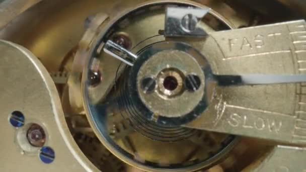 Internal Vintage Clockwork Mechanism Macro Rotating Gold Gears Metal Gearing — Wideo stockowe