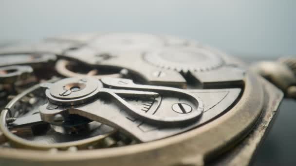 Antique Pocket Watch Open Working Clock Mechanism Gray Studio Background — Stok video