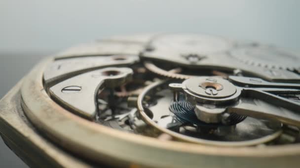 Macro Shot Van Interne Delen Van Antiek Zakhorloge Een Lichtgrijze — Stockvideo