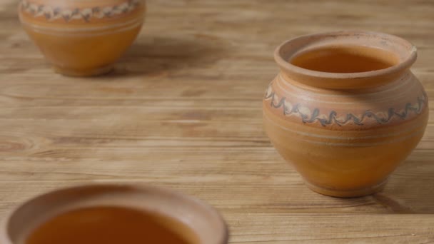 Set Brown Pots Handmade Clay Ornament Rustic Wooden Table Earthenware — Stok video