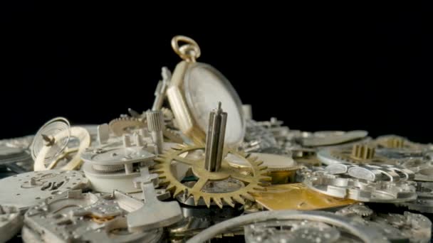 Gold Vintage Pocket Watch Dial Pile Clockwork Parts Old Clock — Stockvideo