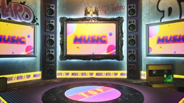Rendering Virtual Studio Music Stage Displays Screen Banners Mock Loudspeakers — ストック写真