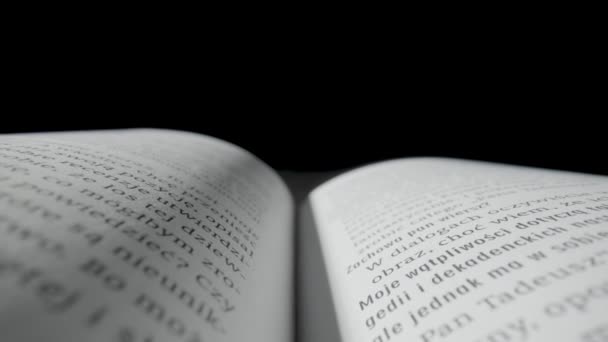 Open Book White Paper Pages Text Lying Black Isolated Studio — Vídeo de Stock